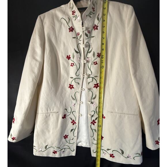 Kate Hill Linen Embroidered Jacket 16 Misses Mandarin Collar Floral Frog Button - Picture 4 of 11